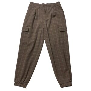Brown‎ Plaid High Rise Cargo Pockets Tapered Leg Jogger Pullover Pants Size 8